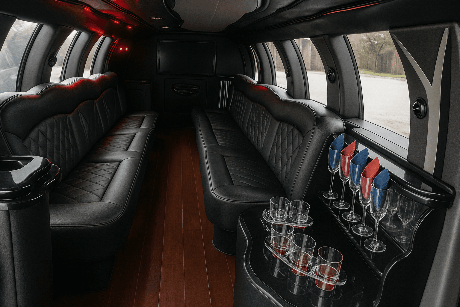 Representative 20 passenger limo interior