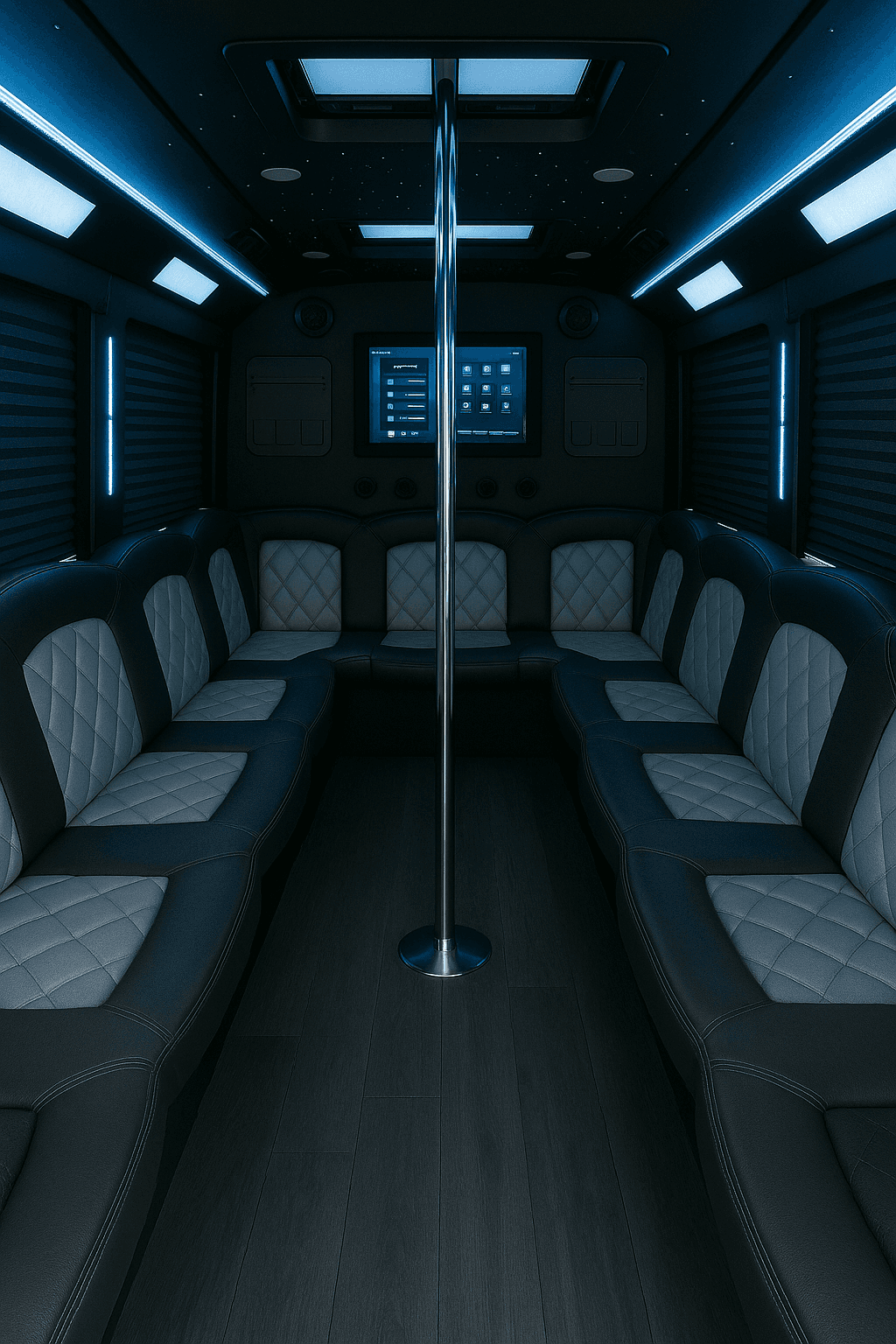 Representative 22 passenger party bus interior
