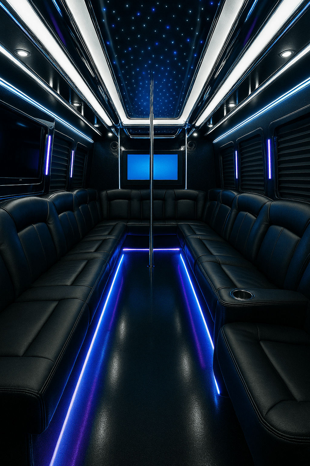 Representative 26 passenger party bus interior