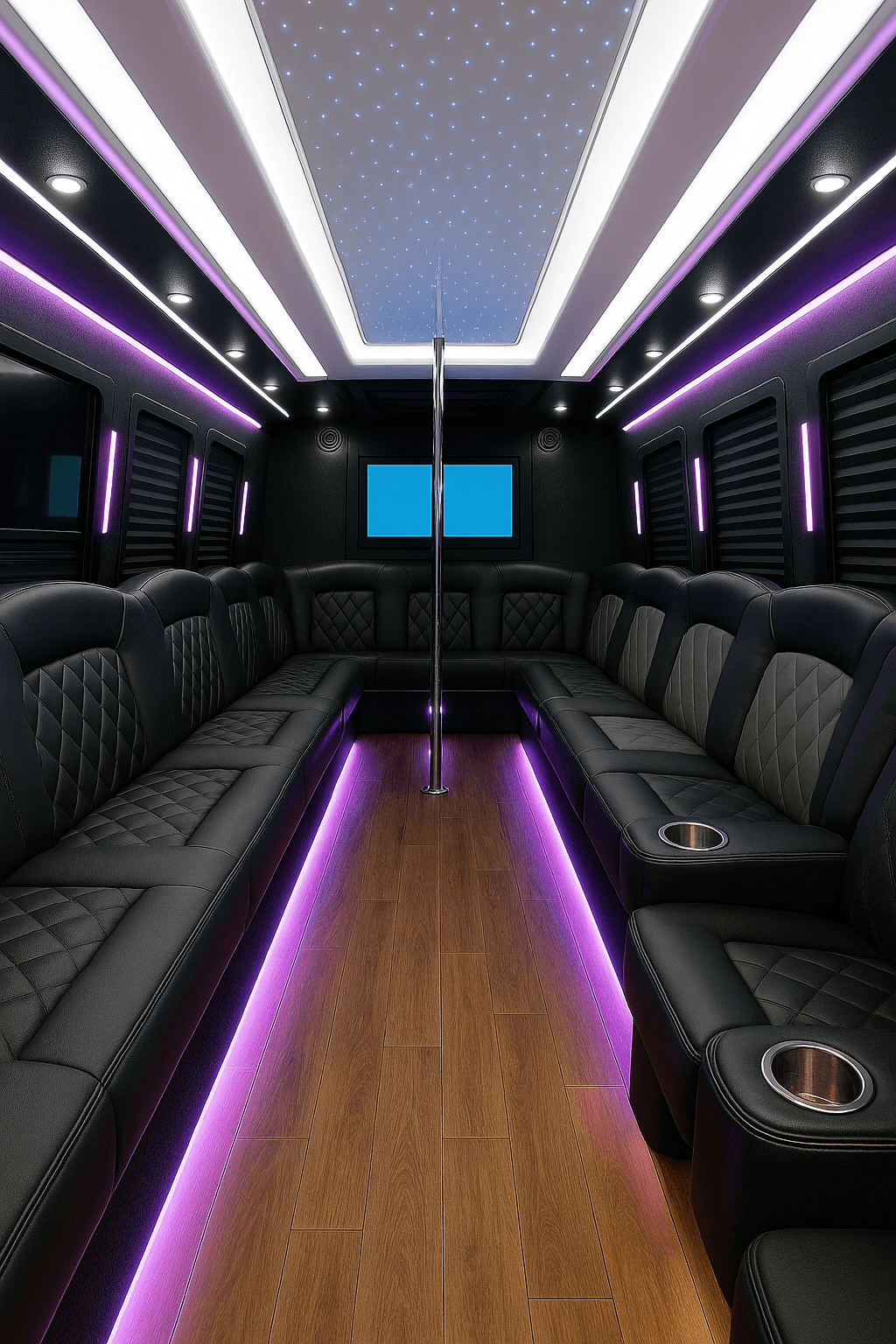 Representative 28 passenger party bus interior