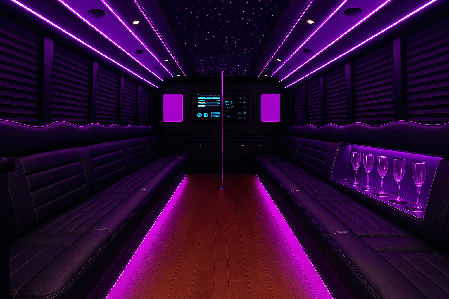 Representative 32 passenger party bus interior