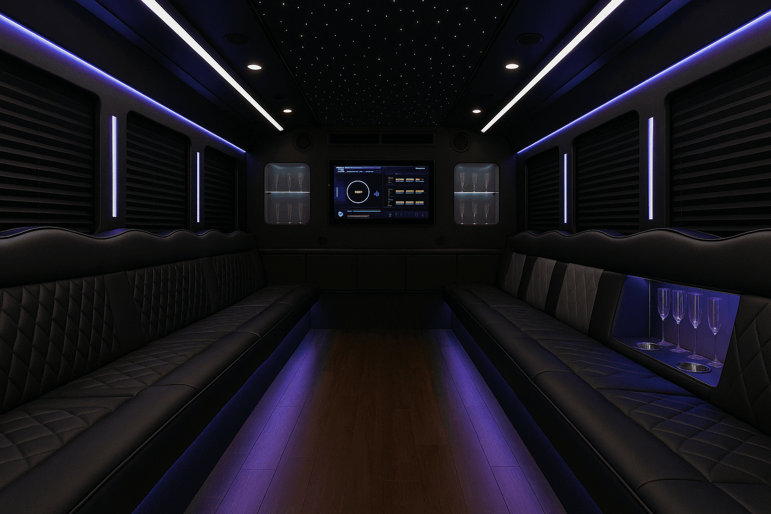 Representative 34 passenger party bus interior