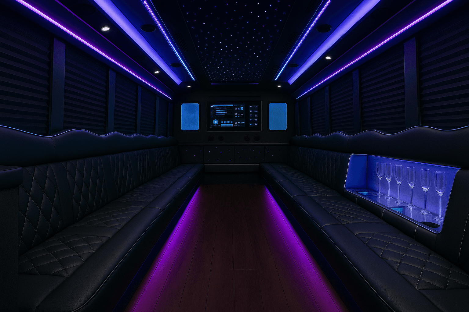 Representative 38 passenger party bus interior