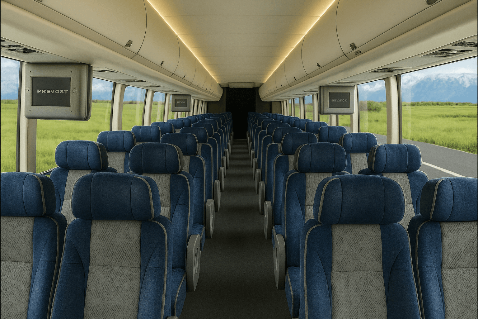 Representative 50 passenger coach bus interior