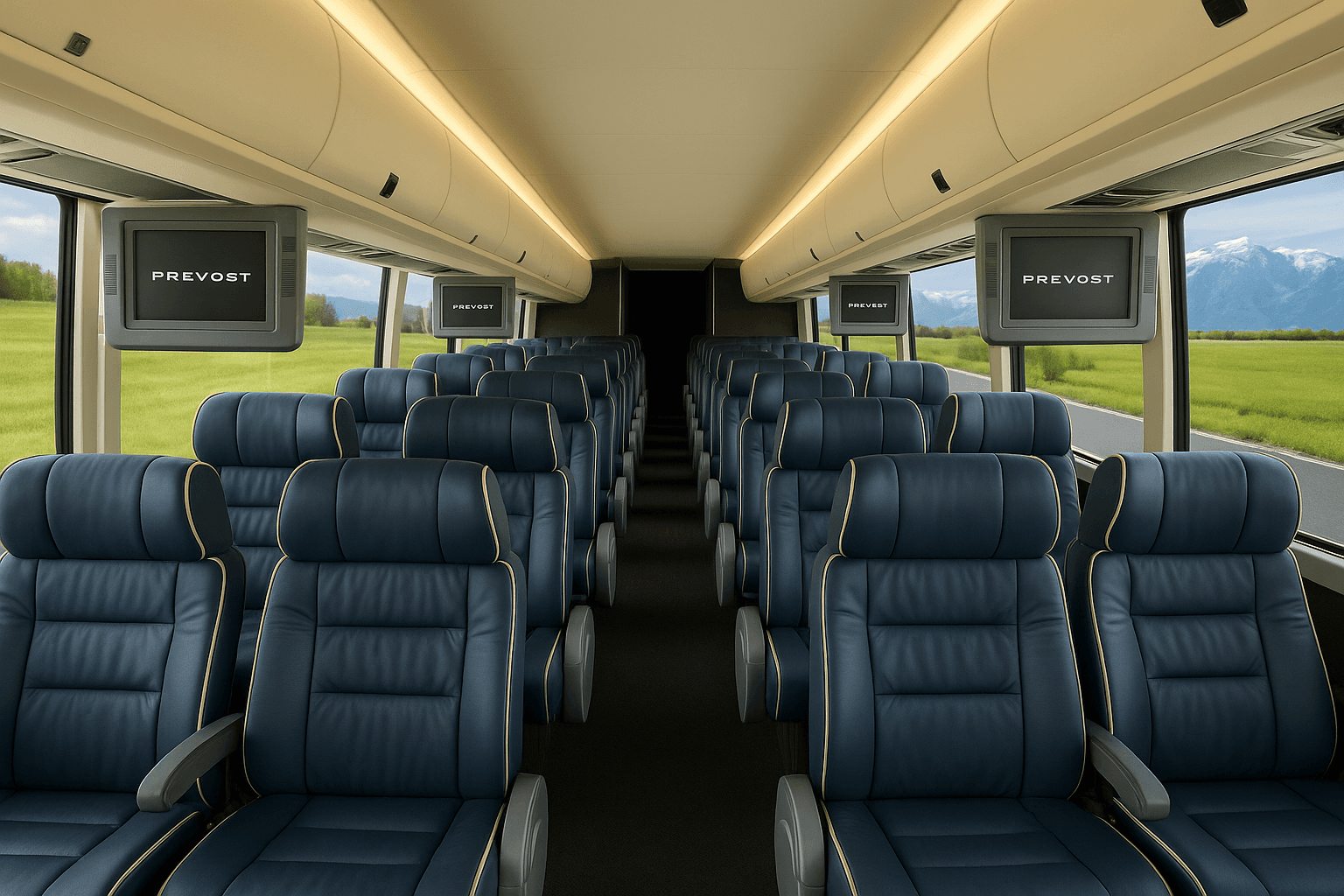 Representative 52 passenger coach bus interior