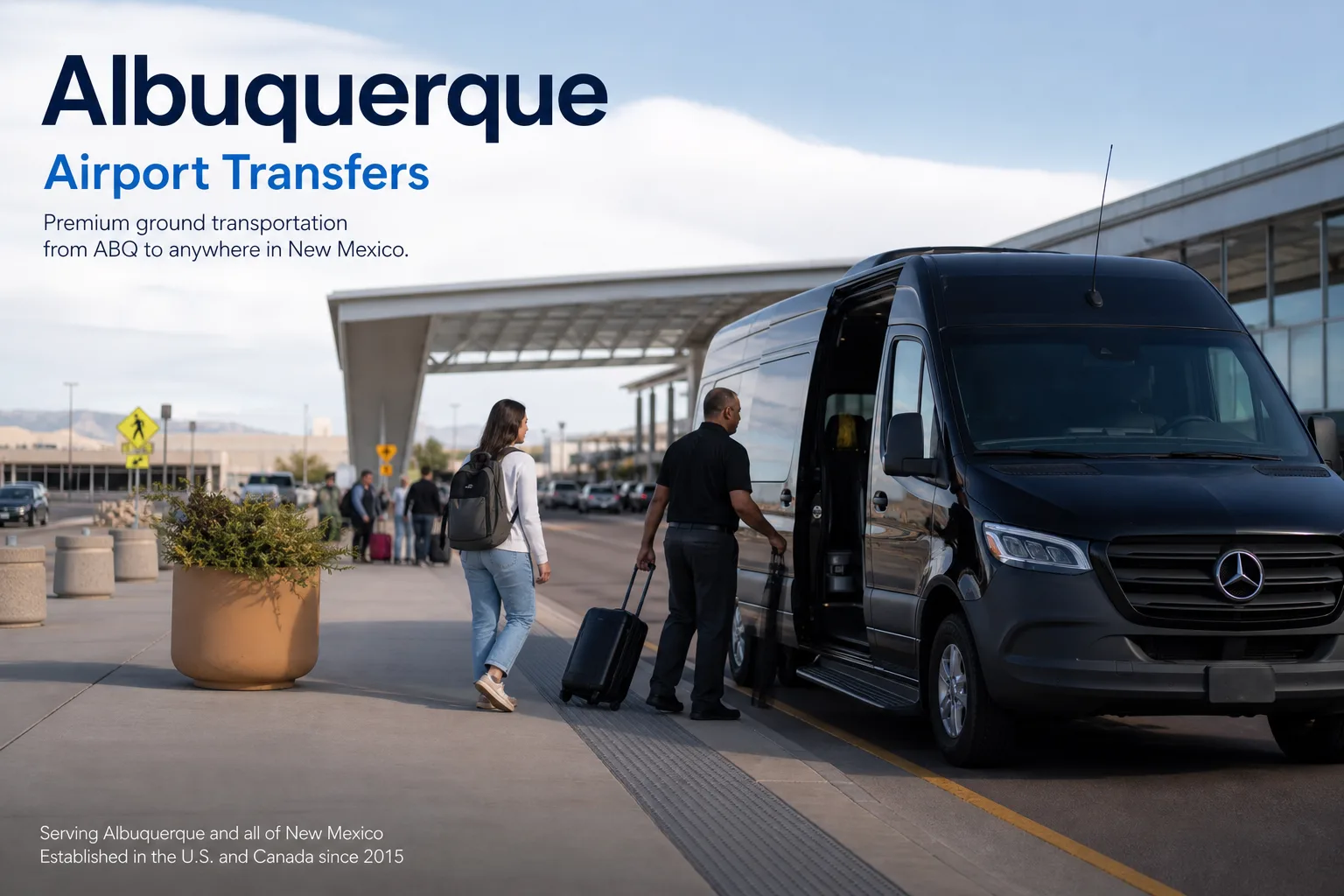 Bus 2 Ride — ABQ airport arrivals curb sprinter/coach transfer mood