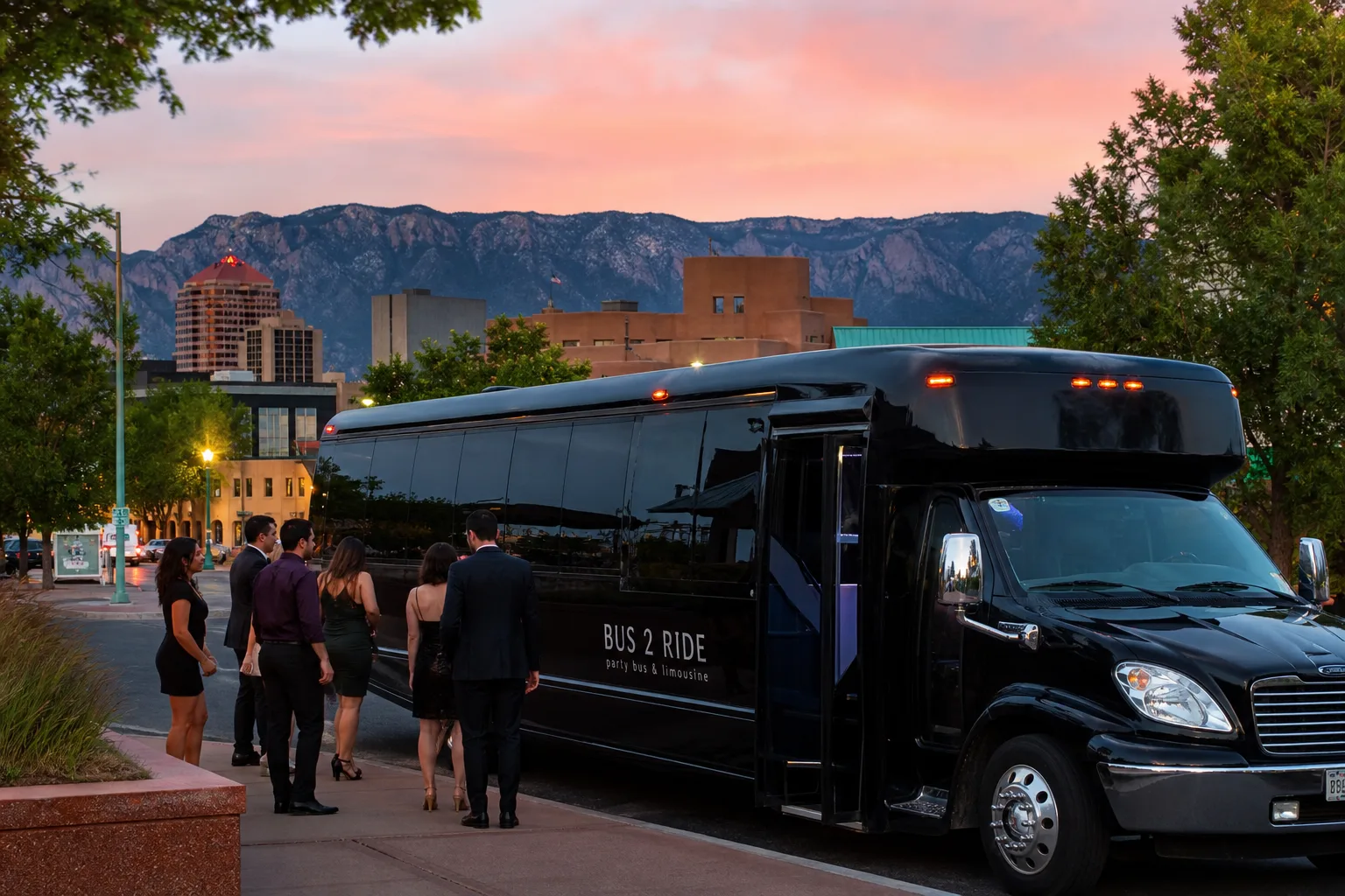 Bus 2 Ride — Albuquerque downtown / Sandia foothills dusk with party bus curb pickup