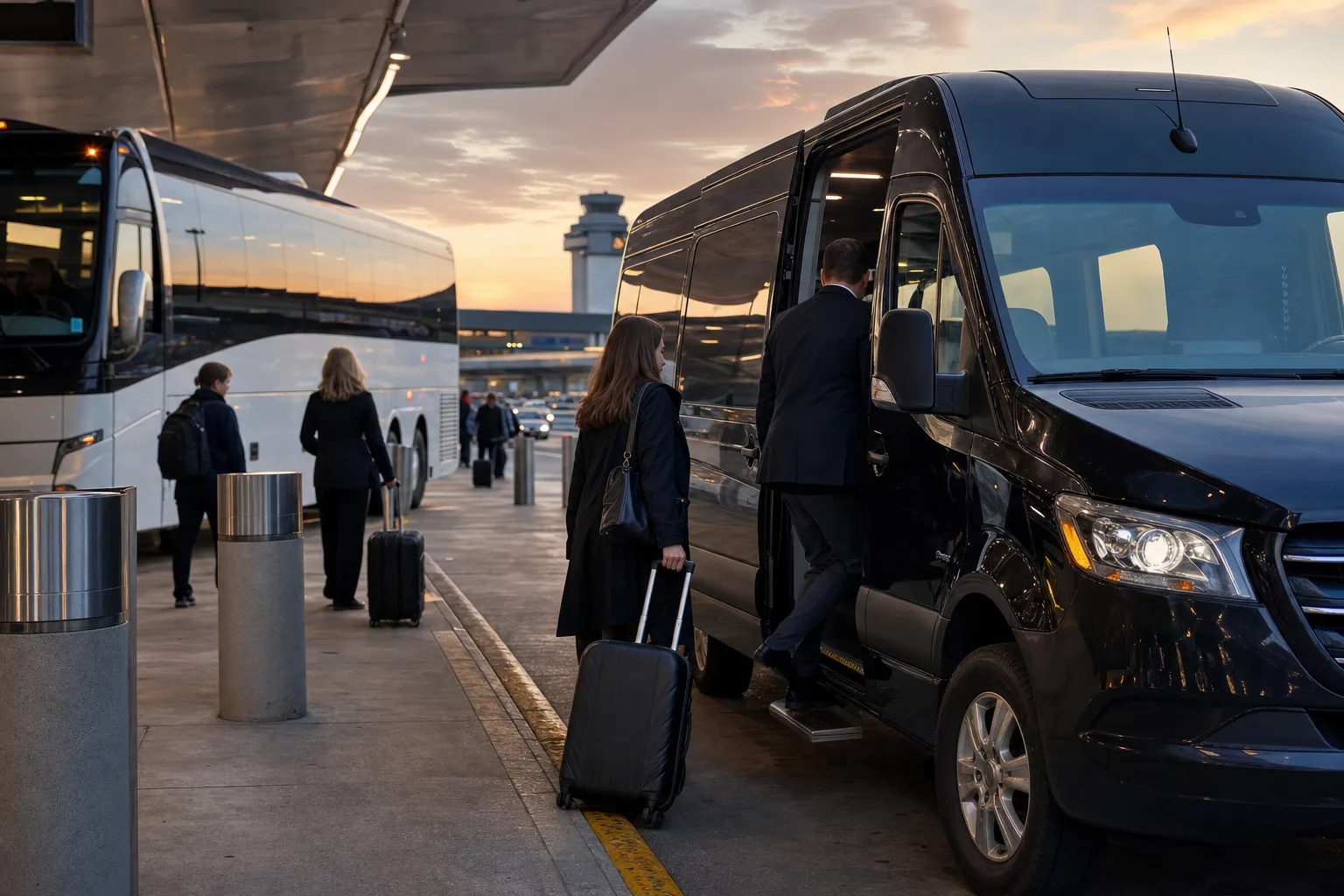 Bus 2 Ride — JFK/LGA/EWR airport arrivals curb sprinter/coach transfer mood