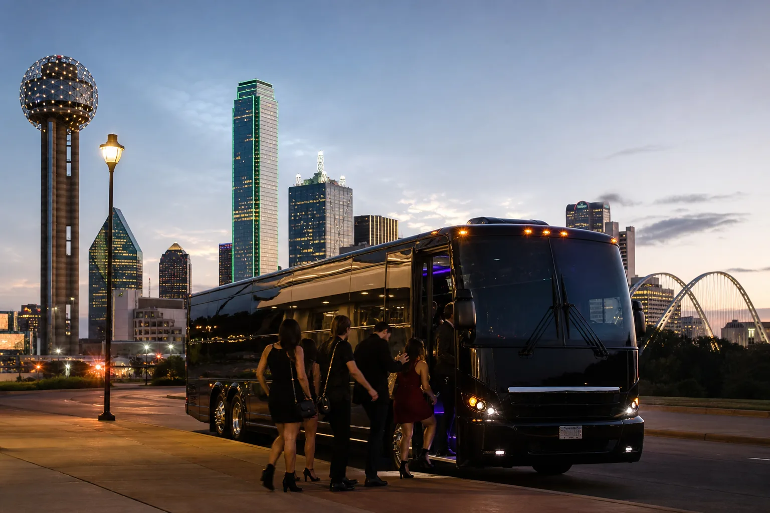 Bus 2 Ride — Dallas downtown skyline dusk with party bus curb pickup